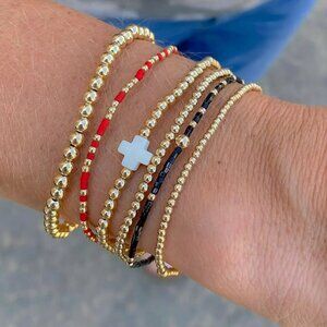 Enewton Gold Bead & Red/Blue Glass Tube Bead Six-Piece Bracelet Set